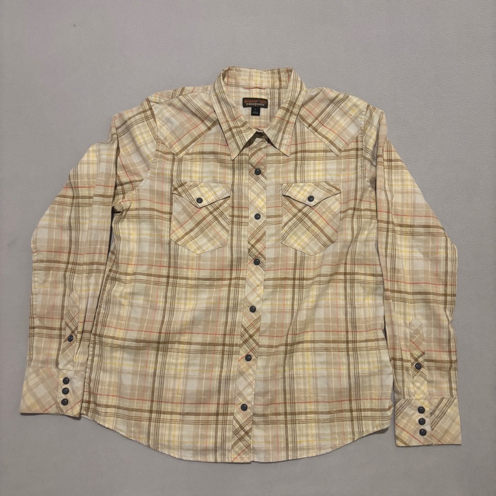 Patagonia Shirt Tan Beige Plaid Pockets Snap Button Fall Outdoor Size Large